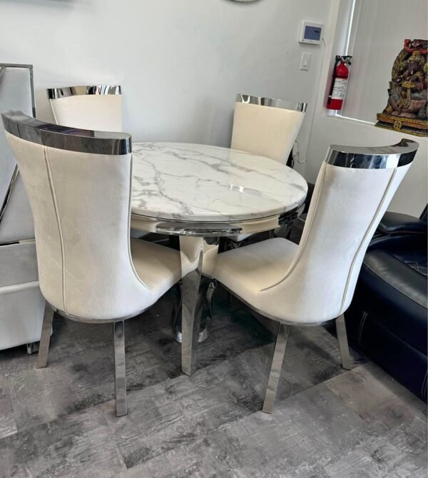 Round Marble Table Silver Dinning Set
