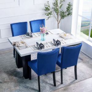Square Dining Table with Upholstered Blue Chairs