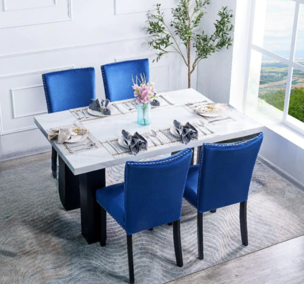 Square Dining Table with Upholstered Blue Chairs