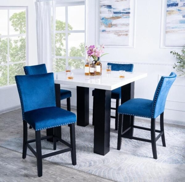 Square Dining Table with Upholstered Blue Chairs - Image 2