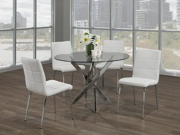 DT-1523″ 5pc Glass Dining Set w/ PU Leather Chairs