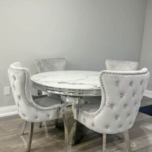 Marble Round Silver Dining Table Set