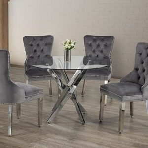 Round Glass Top Dining Table with Luxury Velvet Chairs 5 pcs Set