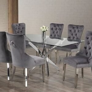 Rectangle Glass Dining Table Set With Grey Chairs