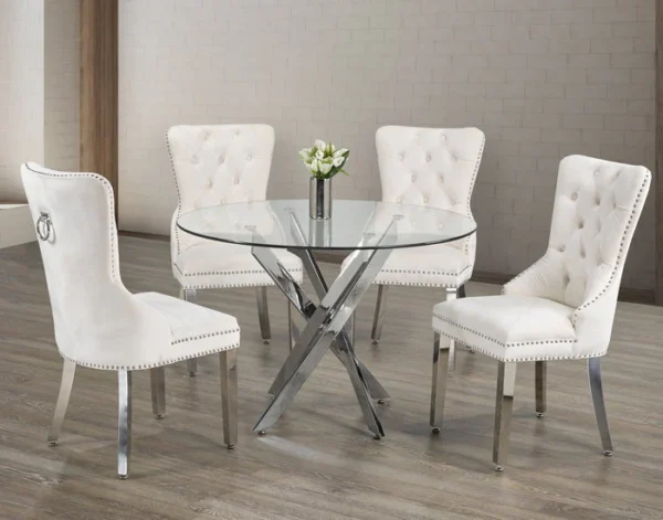 Round Glasses Dinning Table With Chrome 5Pc Set