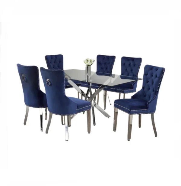 Rectangle Glass Dining Table Set With Blue Chairs