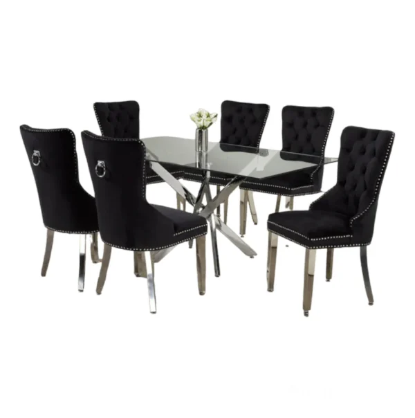 Rectangle Glass Dining Table Set With Black Chairs