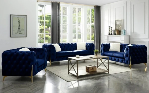 Blue Sofa Set Posh Velvet Fabric