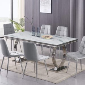 Salsa Marble Dining Table with 6 Bombay Grey Chairs Set