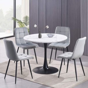 Minto Dining Table Set, Round Table, 4 Bombay Grey Velvet Chairs