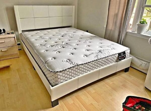 White Fabric Platform Bed Frame