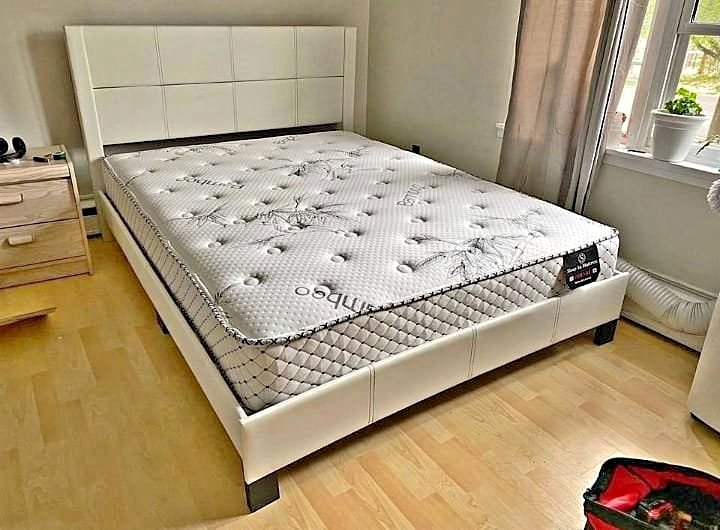 White Fabric Platform Bed Frame