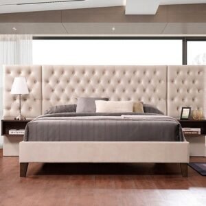 Beige Velvet Wall Panel Bed Frame