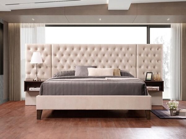 Beige Velvet Wall Panel Bed Frame