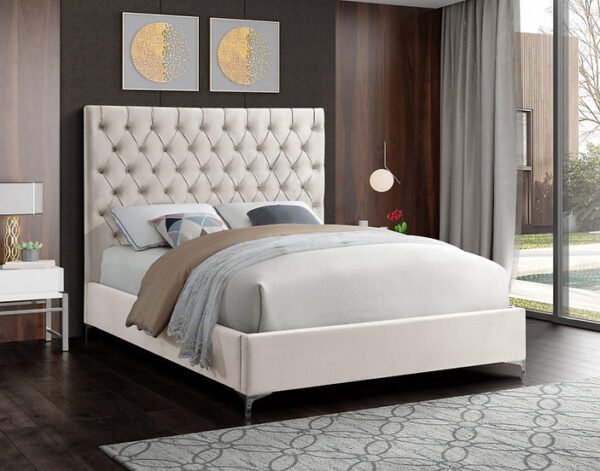 Cream Button Tufted Upholstered Bed Frame