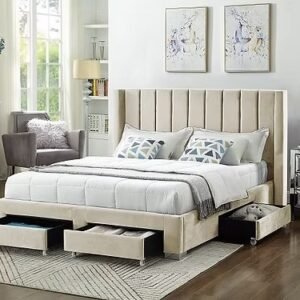 Beige Velvet Fabric Drawer Storage Bed Frame