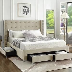 Beige Velvet Tufted Drawers Storage Bed Frame