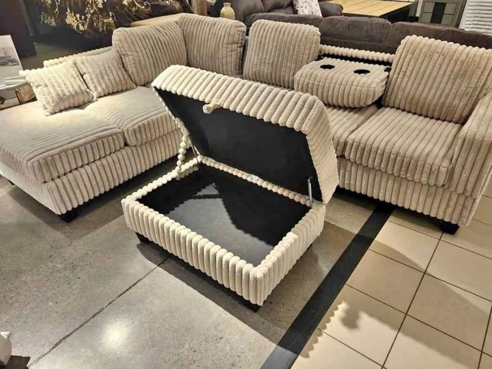 Beige Sectional Sofa – Storage Ottoman Open
