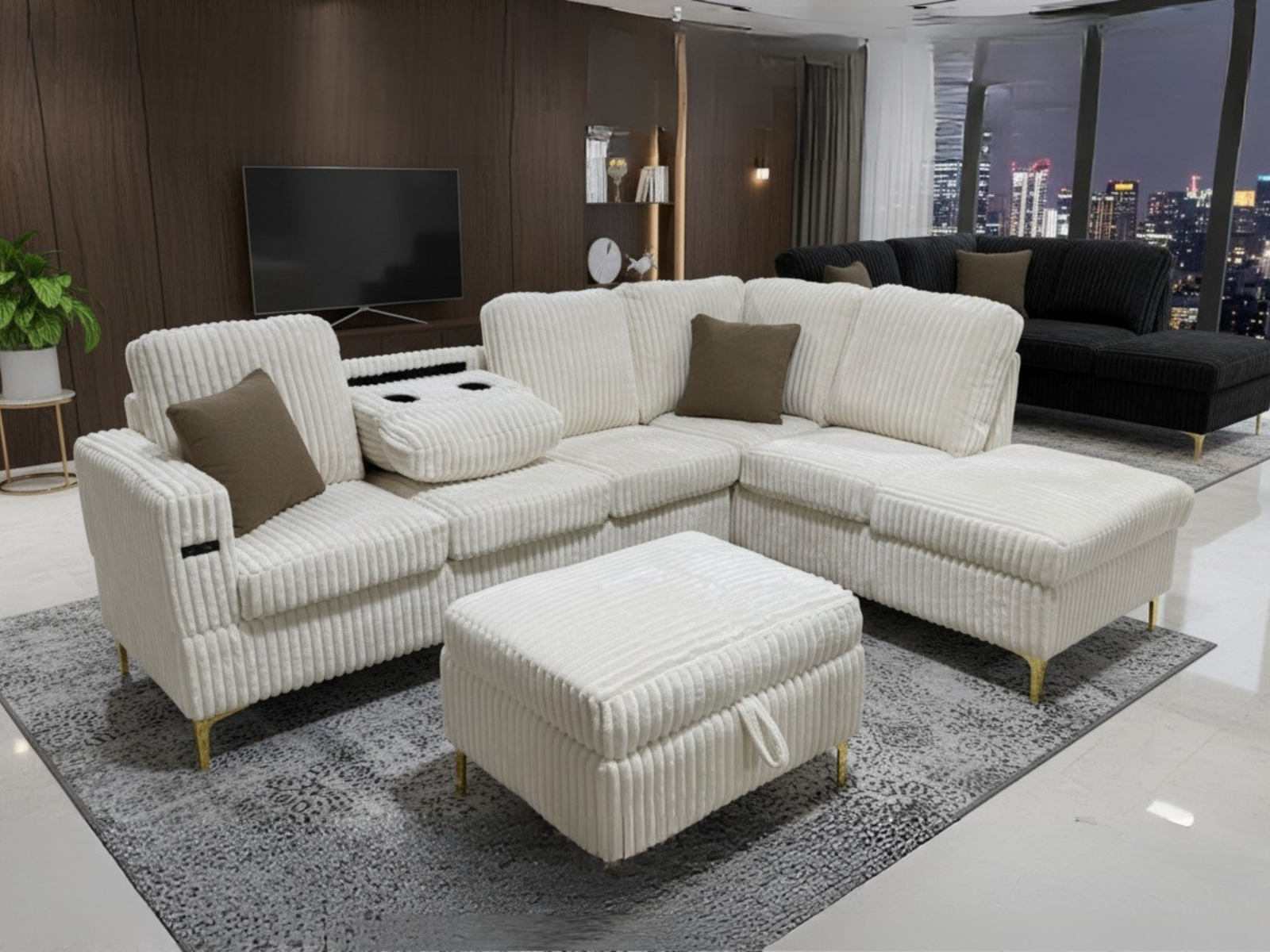 Beige 6-seater sectional sofa with storage ottoman in a modern living room