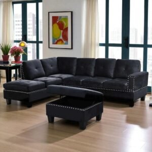 Black Left-Facing Sectional Velvet Sofa Set