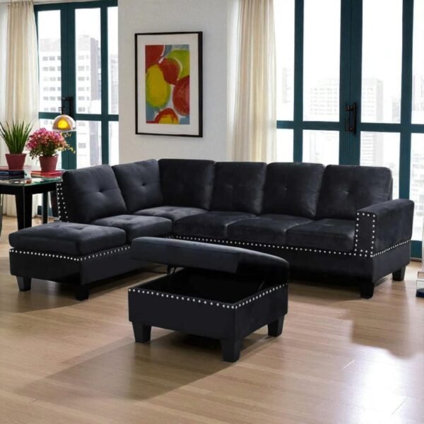 Black Left-Facing Sectional Velvet Sofa Set