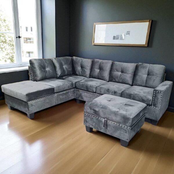 Grey Left-Facing Sectional Velvet Sofa Set