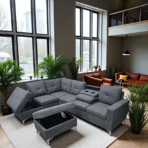 Left-Facing Grey Sectional Fabric Sofa Set