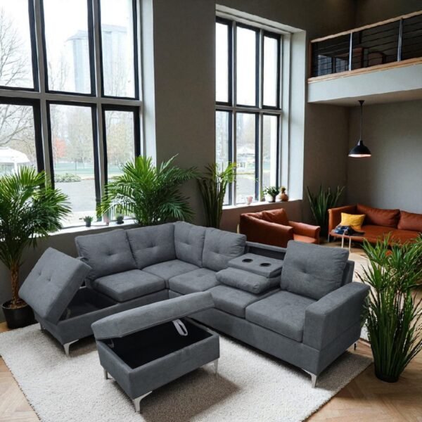 Left-Facing Grey Sectional Fabric Sofa Set