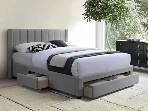 Lili Storage Platform Bed with Tufted Headboard – Cream & Grey