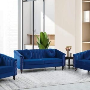 Blue Fabric 3-Piece Living Sofa Set