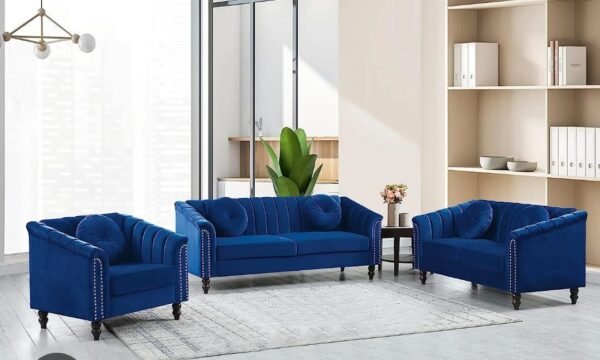 Blue Fabric 3-Piece Living Sofa Set