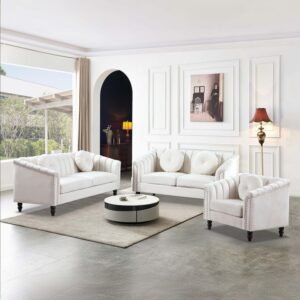 White Fabric Living Sofa Set 3-Piece