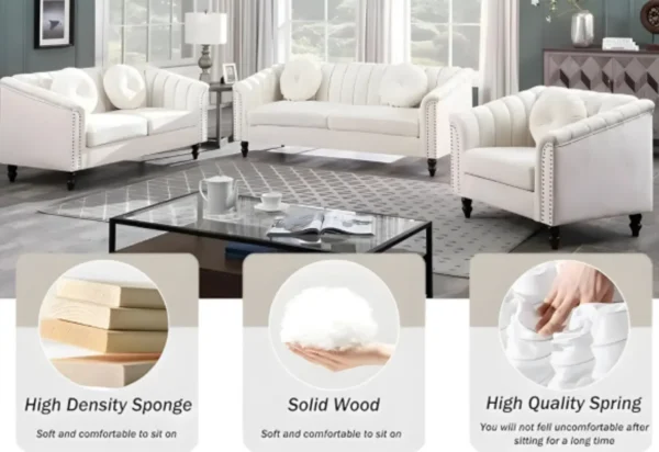 White Fabric Living Sofa Set 3-Piece