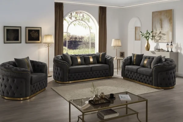 Velvet 3-piece velvet Chesterfield Sofa Couch Set - Image 3