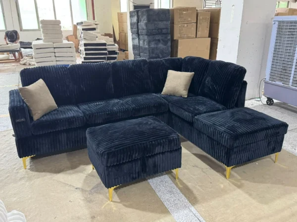 Corduroy Reversible Sectional Sofa with Storage Chaise & Ottoman