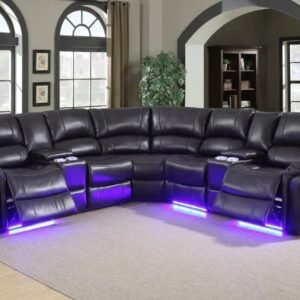 Electric Black Leather Fully Reclining Sectional Couch