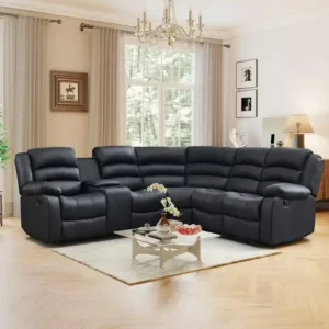Leather L-Shaped Manual Sectional Couch and Recliner with Storage & Cup Holders – 5-Seater Recliner for Living Room & Home Theater (Black)