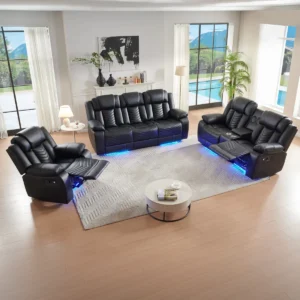3 Piece Recliner Set PU Leather with LED Light and USB Living Room Set
