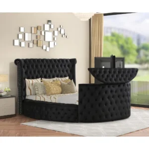 Luxury Velvet Round Bedframe with Storage, TV Lift & Fireplace – Queen/King