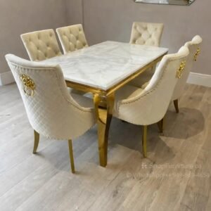 Luxury Marble Dining Room Table Set with Velvet Lion Knocker Chairs