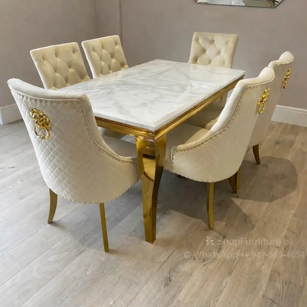 Luxury Marble Dining Room Table Set with Velvet Lion Knocker Chairs