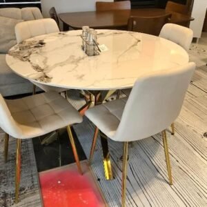 Round Marble Dining Set – 5 Piece Dining Table with Fabric Chairs