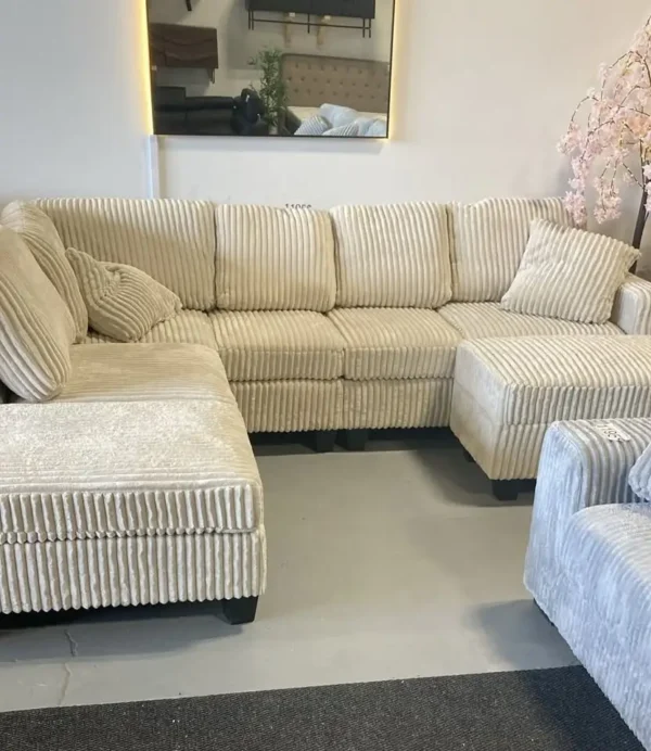 Corduroy Sectional Sofa with Storage Chaise & Ottoman