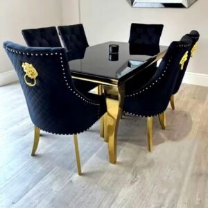 luxury Black & Gold Louis Marble Dining Table Set