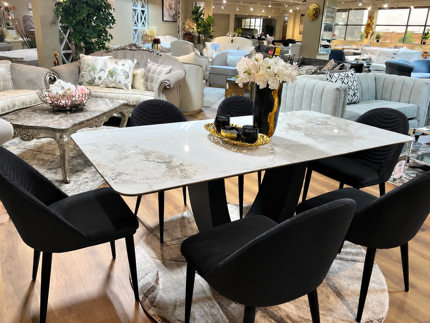 7-Piece Marble Dining Set with Black & Beige Chairs – Premium Comfort