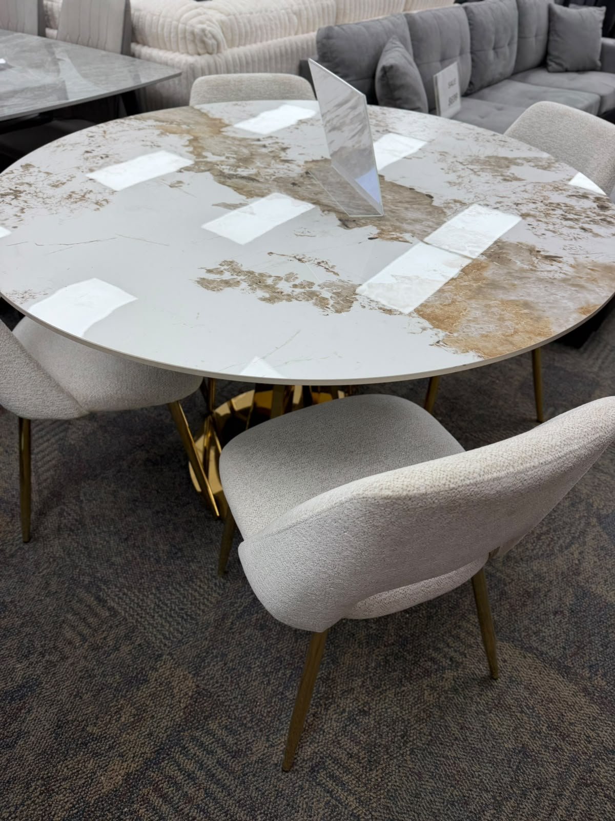 White Round Dining Table with Upholstered Dining Chairs - Image 5