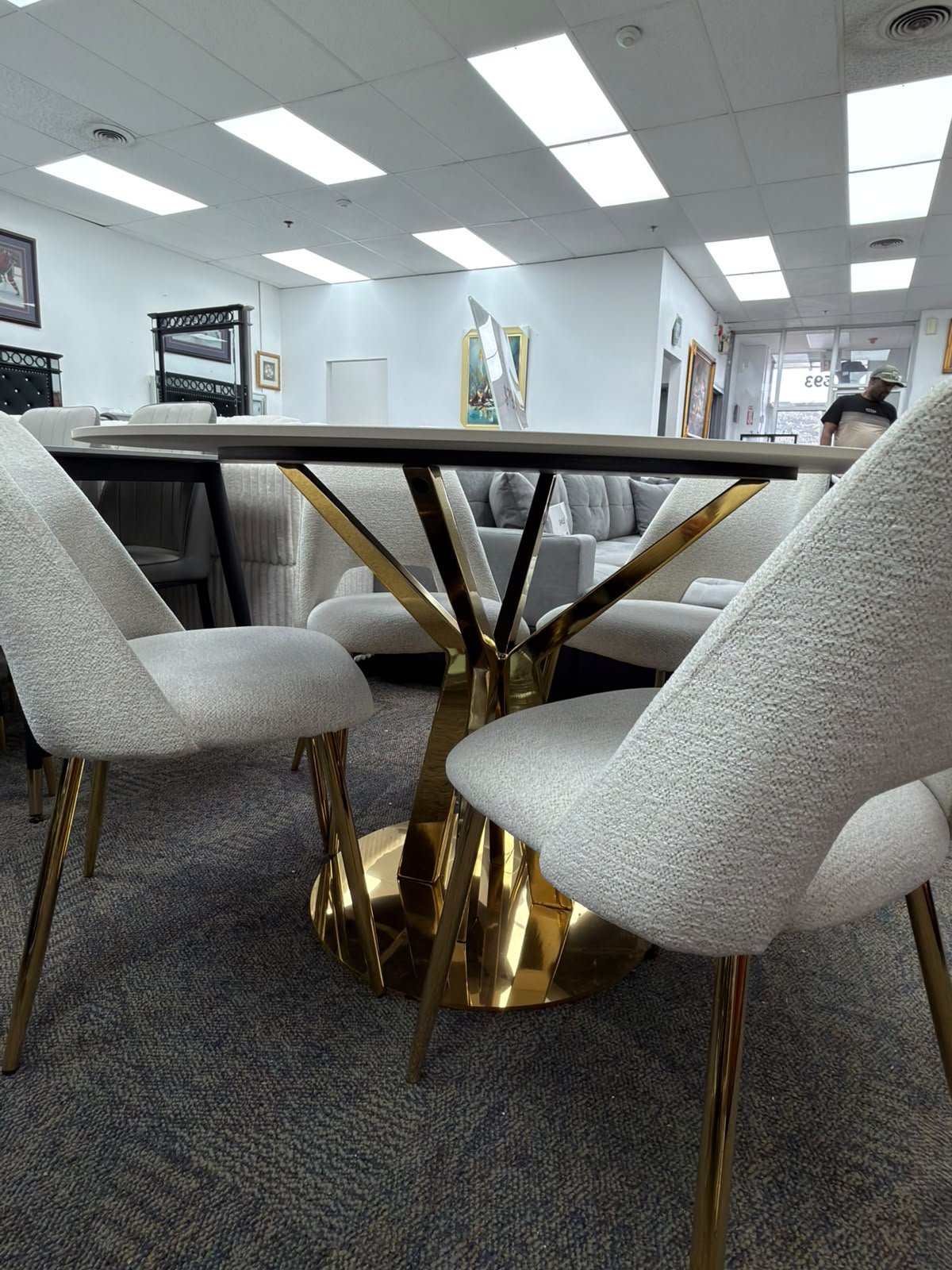 White Round Dining Table with Upholstered Dining Chairs - Image 3