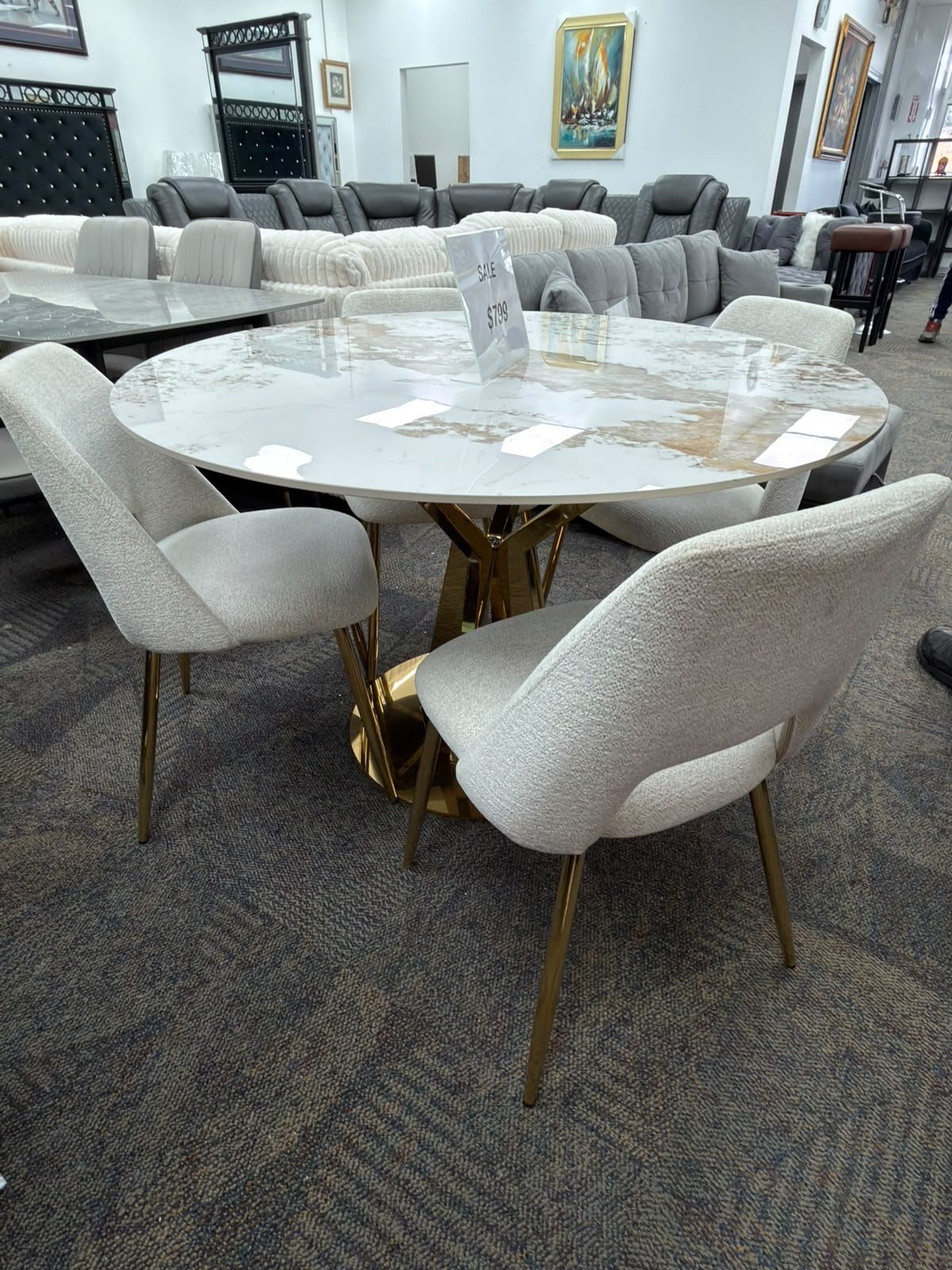 White Round Dining Table with Upholstered Dining Chairs - Image 2