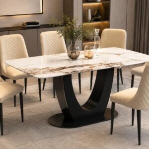 7-Piece Marble Dining Set with Black & Beige Chairs – Elegant Luxury