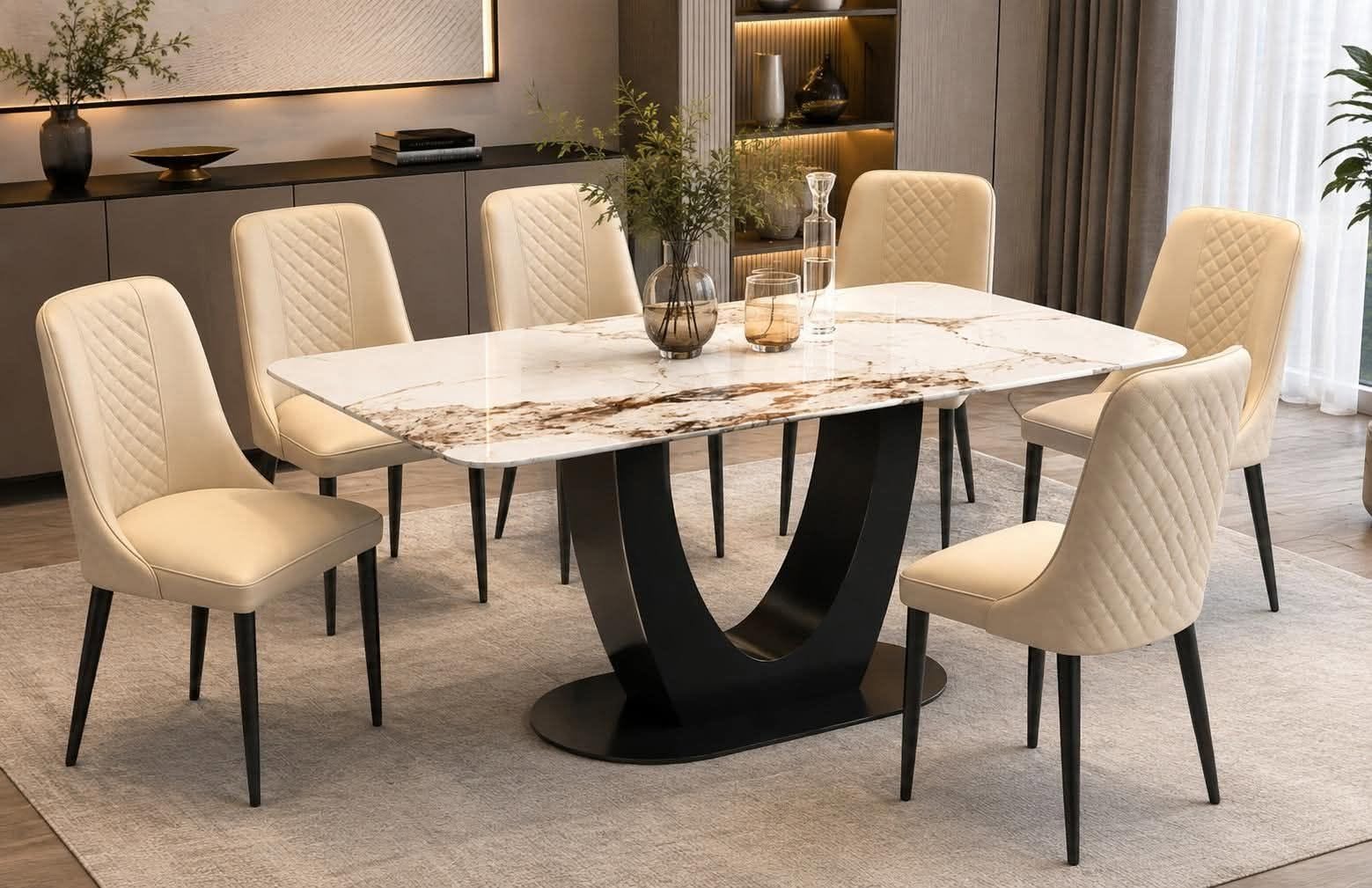 7-Piece Marble Dining Set with Black & Beige Chairs – Elegant Luxury